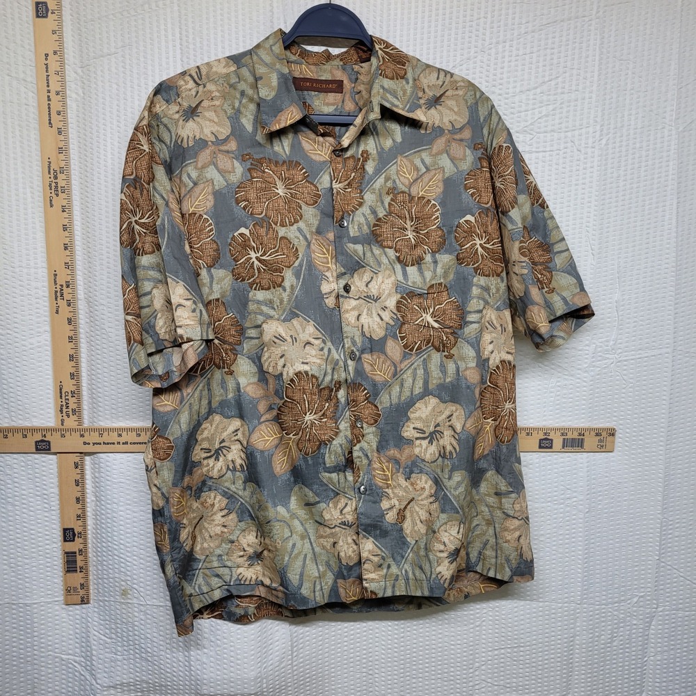 Tori Richard Mens Slate Blue‎ Brown Hibiscus Floral Hawaiian Button Up Shirt XL